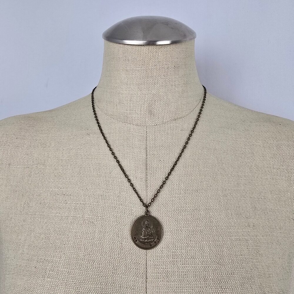 Vintage Buddhist Medallion Coin Necklace Zodiac Goat Bronze Tone Chain
